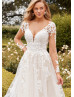 Long Sleeves Ivory Lace Tulle Keyhole Back Sweet Wedding Dress